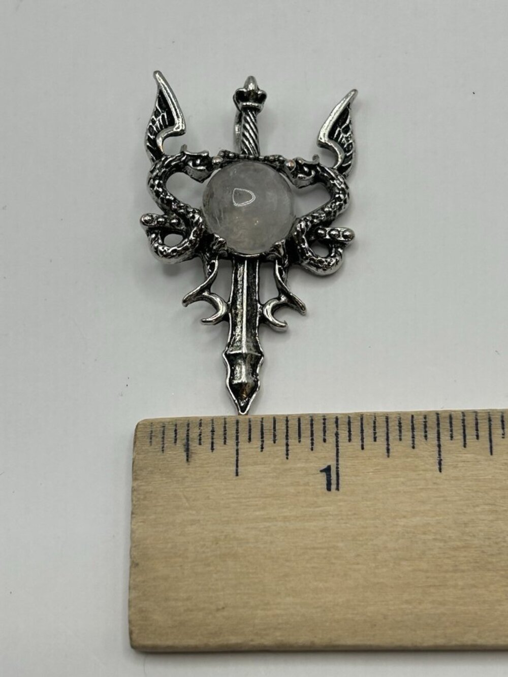 Gothic Dragon Sword Pendant Clear Cabochon Fantasy Medieval Silvertone - Picture 11 of 12